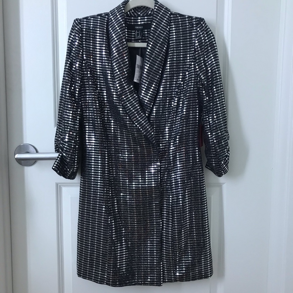 Black and Silver Metallic Sequin Blazer Dress